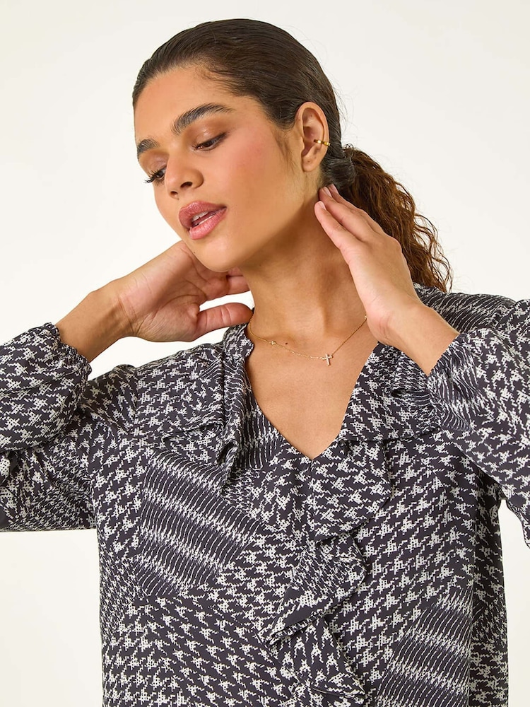 Roman Black Houndstooth Print Ruffle Top - Image 1 of 5