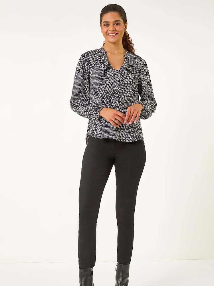 Roman Black Houndstooth Print Ruffle Top - Image 2 of 5