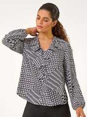 Roman Black Houndstooth Print Ruffle Top - Image 4 of 5