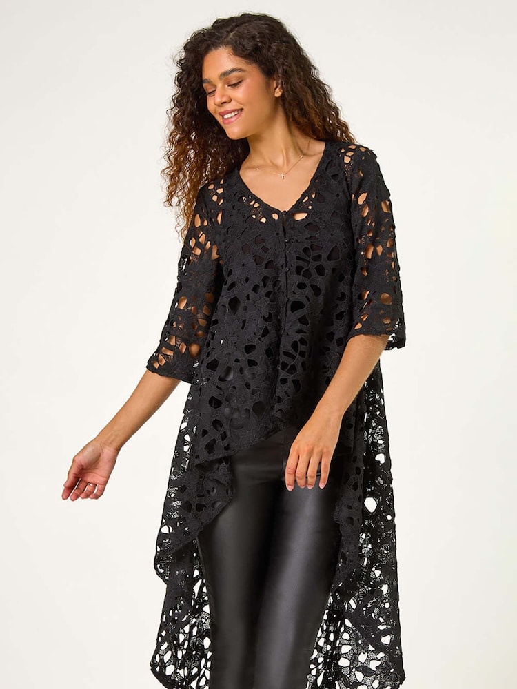 Roman Black Lace Detail High Low Hem Button Blouse - Image 2 of 5