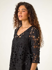 Roman Black Lace Detail High Low Hem Button Blouse - Image 4 of 5