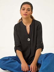 Roman Black V-Neck Button Detail Top - Image 1 of 5