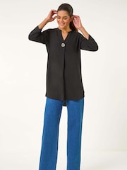 Roman Black V-Neck Button Detail Top - Image 2 of 5