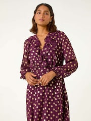 Roman Red Foil Print V-Neck Fit and Flare Ruffle Dress - Image 3 of 6
