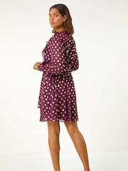 Roman Red Foil Print V-Neck Fit and Flare Ruffle Dress - Image 4 of 6