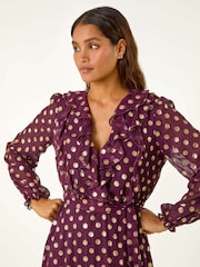 Roman Red Foil Print V-Neck Fit and Flare Ruffle Dress - Image 5 of 6