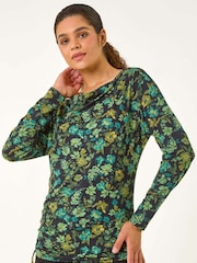 Roman Green Ruched Floral Cowl Neck Top - Image 1 of 6