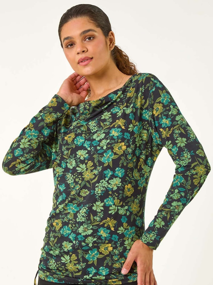 Roman Green Ruched Floral Cowl Neck Top - Image 1 of 6