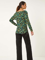Roman Green Ruched Floral Cowl Neck Top - Image 3 of 6