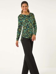Roman Green Ruched Floral Cowl Neck Top - Image 4 of 6