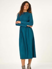 Roman Green Cotton Stretch Jersey Mix Midi Dress - Image 1 of 6