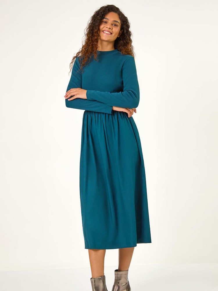 Roman Green Cotton Stretch Jersey Mix Midi Dress - Image 1 of 6