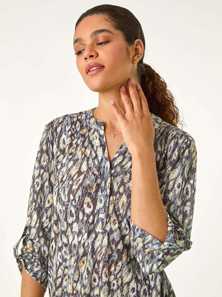 Roman Green/Grey Animal Print Stretch Burnout Top - Image 1 of 5