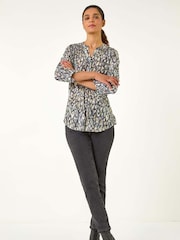 Roman Green/Grey Animal Print Stretch Burnout Top - Image 2 of 5
