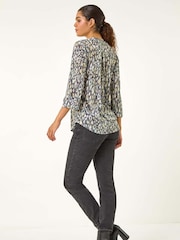 Roman Green/Grey Animal Print Stretch Burnout Top - Image 3 of 5