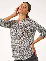 Roman Green/Grey Animal Print Stretch Burnout Top - Image 4 of 5