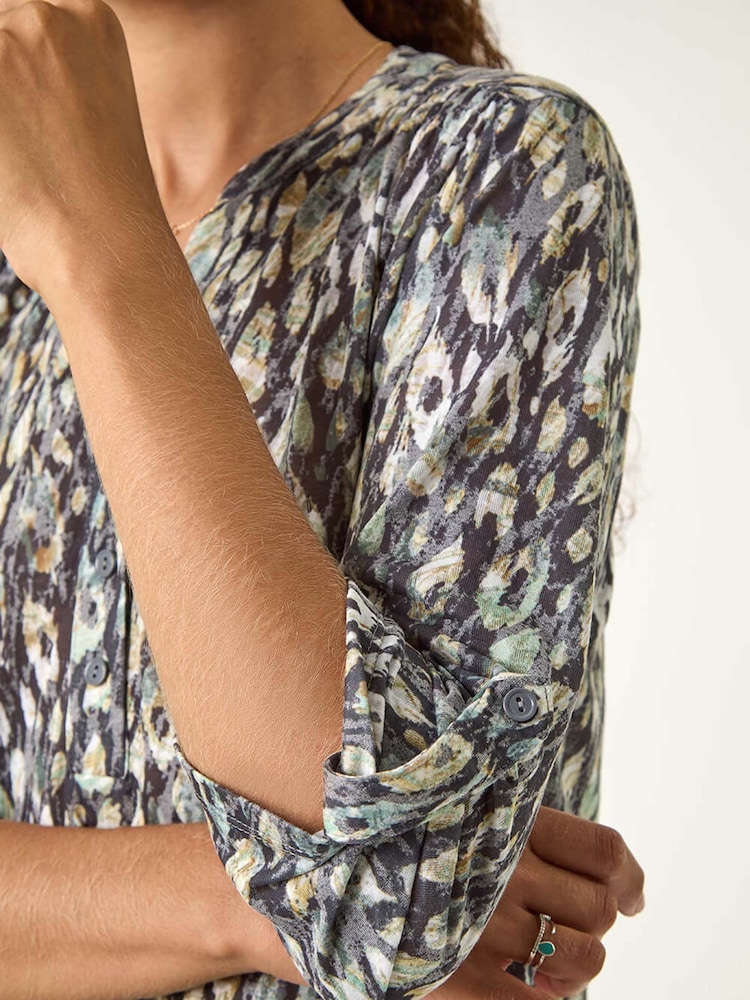 Roman Green/Grey Animal Print Stretch Burnout Top - Image 5 of 5