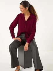 Roman Red Plain V-Neck Collar Button Detail Blouse - Image 1 of 5
