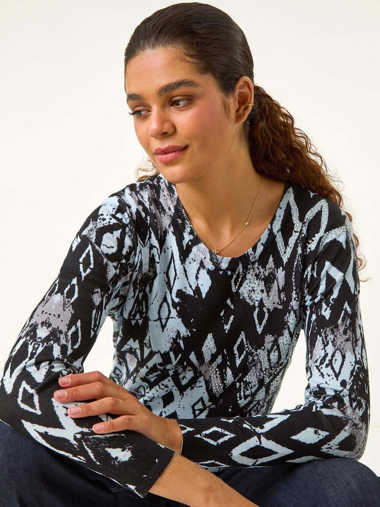 Roman Black Print Embellished Hotfix Detail Jumper - Image 1 of 5