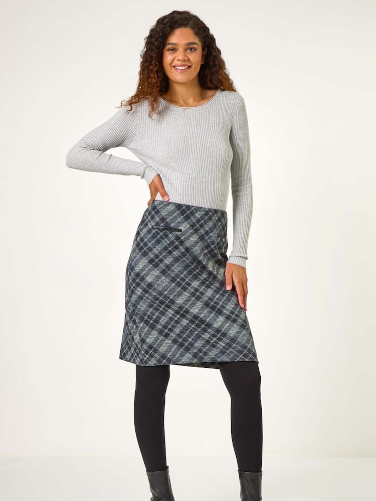 Roman Grey Elastic Waist Check Print Pocket Pencil Skirt - Image 2 of 5