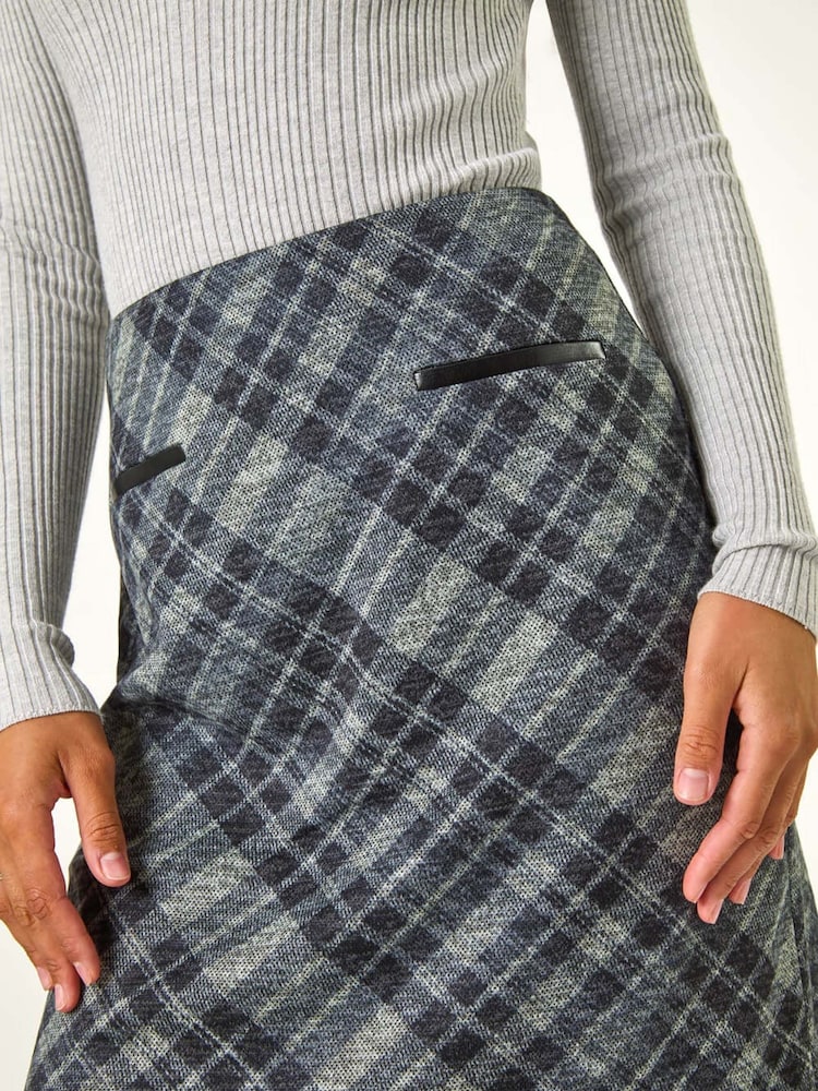 Roman Grey Elastic Waist Check Print Pocket Pencil Skirt - Image 5 of 5