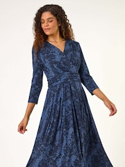 Roman Blue Mock Wrap Animal Print Midi Dress - Image 1 of 5