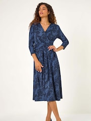 Roman Blue Mock Wrap Animal Print Midi Dress - Image 2 of 5