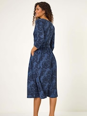 Roman Blue Mock Wrap Animal Print Midi Dress - Image 3 of 5