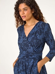 Roman Blue Mock Wrap Animal Print Midi Dress - Image 4 of 5