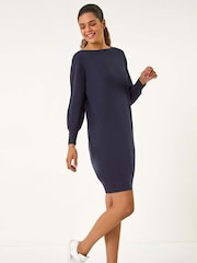 Roman Blue Button Detail Slash Neck Knitted Stretch Jumper Dress - Image 1 of 5