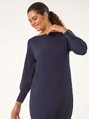 Roman Blue Button Detail Slash Neck Knitted Stretch Jumper Dress - Image 2 of 5
