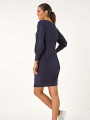 Roman Blue Button Detail Slash Neck Knitted Stretch Jumper Dress - Image 3 of 5