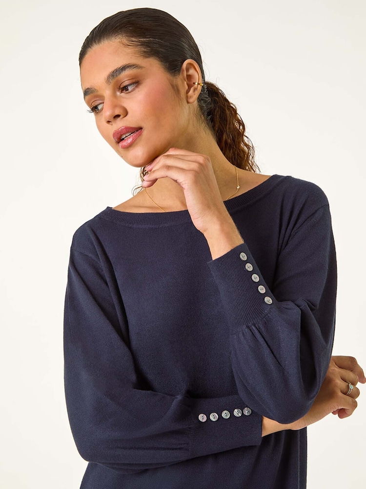 Roman Blue Button Detail Slash Neck Knitted Stretch Jumper Dress - Image 4 of 5