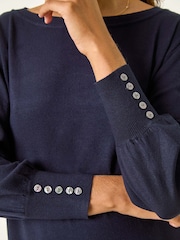 Roman Blue Button Detail Slash Neck Knitted Stretch Jumper Dress - Image 5 of 5