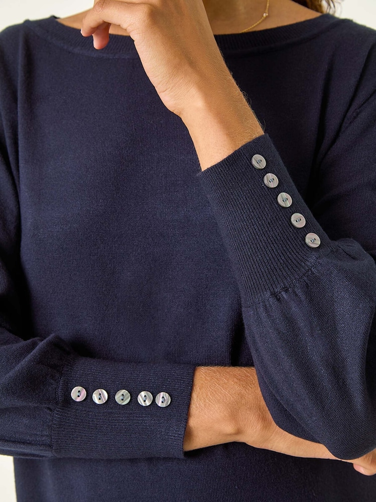 Roman Blue Button Detail Slash Neck Knitted Stretch Jumper Dress - Image 5 of 5