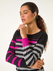 Roman Pink Crew Neck Contrast Stripe Knit Jumper - Image 1 of 5