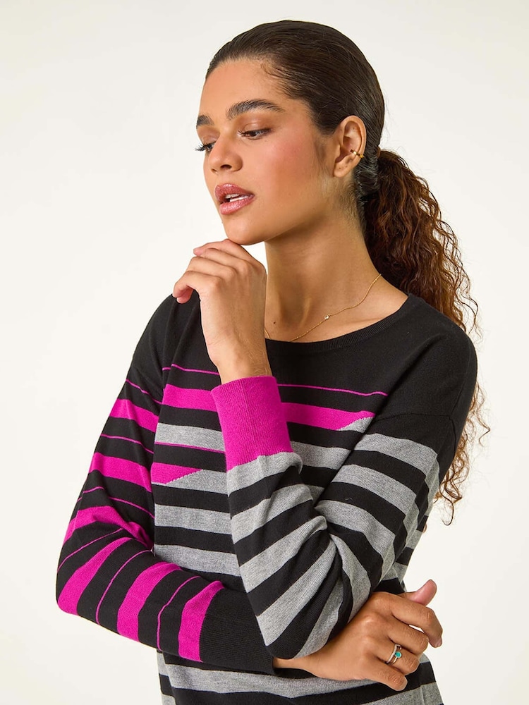 Roman Pink Crew Neck Contrast Stripe Knit Jumper - Image 1 of 5