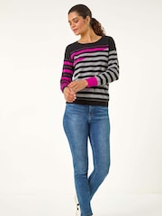 Roman Pink Crew Neck Contrast Stripe Knit Jumper - Image 2 of 5