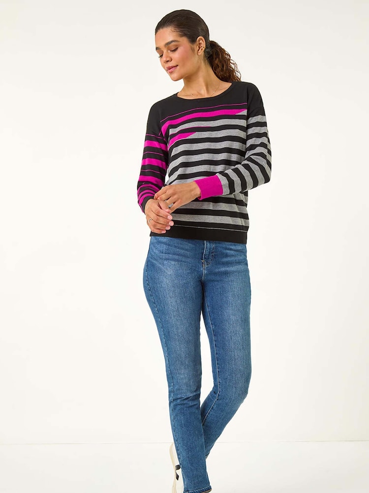 Roman Pink Crew Neck Contrast Stripe Knit Jumper - Image 2 of 5