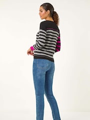 Roman Pink Crew Neck Contrast Stripe Knit Jumper - Image 3 of 5
