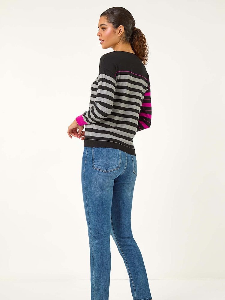 Roman Pink Crew Neck Contrast Stripe Knit Jumper - Image 3 of 5