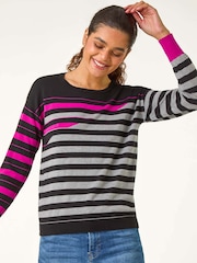Roman Pink Crew Neck Contrast Stripe Knit Jumper - Image 4 of 5