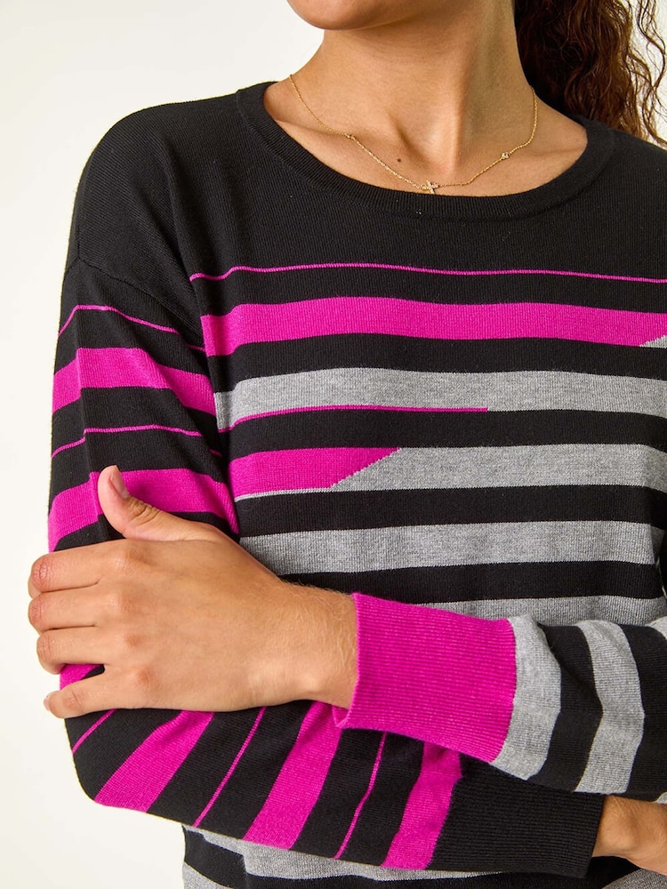 Roman Pink Crew Neck Contrast Stripe Knit Jumper - Image 5 of 5