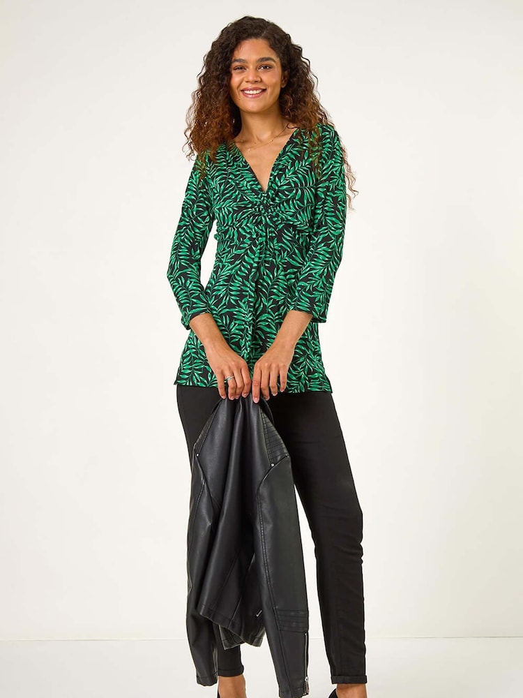 Roman Green Leaf Print V-Neck Twist Front Top - Image 2 of 5 Roman Green Leaf Print V-Neck Twist Front Top - Image 2 of 5