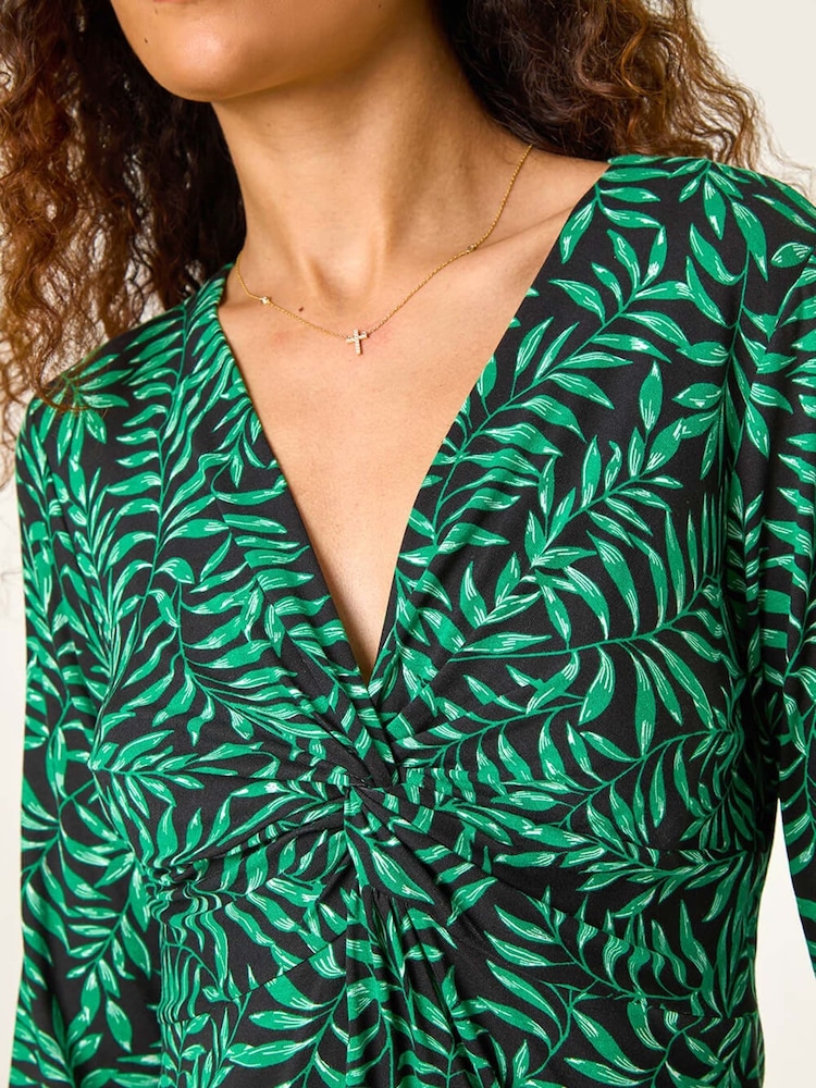 Roman Green Leaf Print V-Neck Twist Front Top - Image 5 of 5 Roman Green Leaf Print V-Neck Twist Front Top - Image 5 of 5
