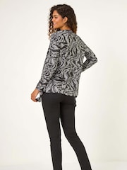 Roman Black Abstract Stretch Waterfall Cardigan - Image 3 of 5