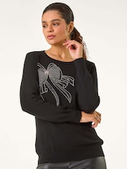 Roman Black Sparkle Bow Detail Crew Jumper - Image 1 of 5