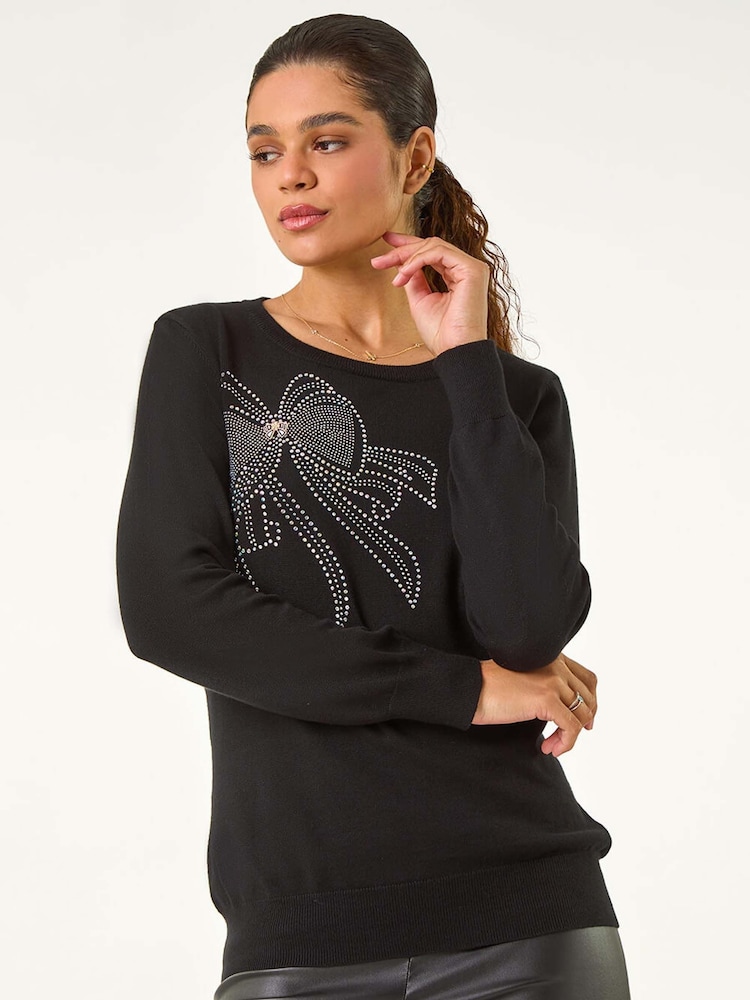 Roman Black Sparkle Bow Detail Crew Jumper - Image 1 of 5