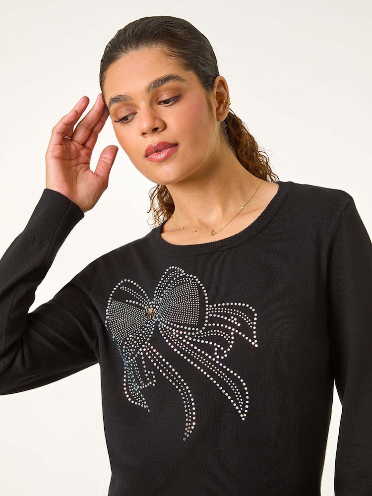 Roman Black Sparkle Bow Detail Crew Jumper - Image 2 of 5