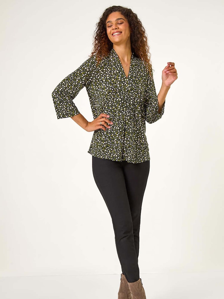 Blusa tipo túnica con pliegues en la parte delantera, cuello de pico y estampado de lunares de Roman - Imagen 2 de 5 Blusa tipo túnica con pliegues en la parte delantera, cuello de pico y estampado de lunares de Roman - Imagen 2 de 5
